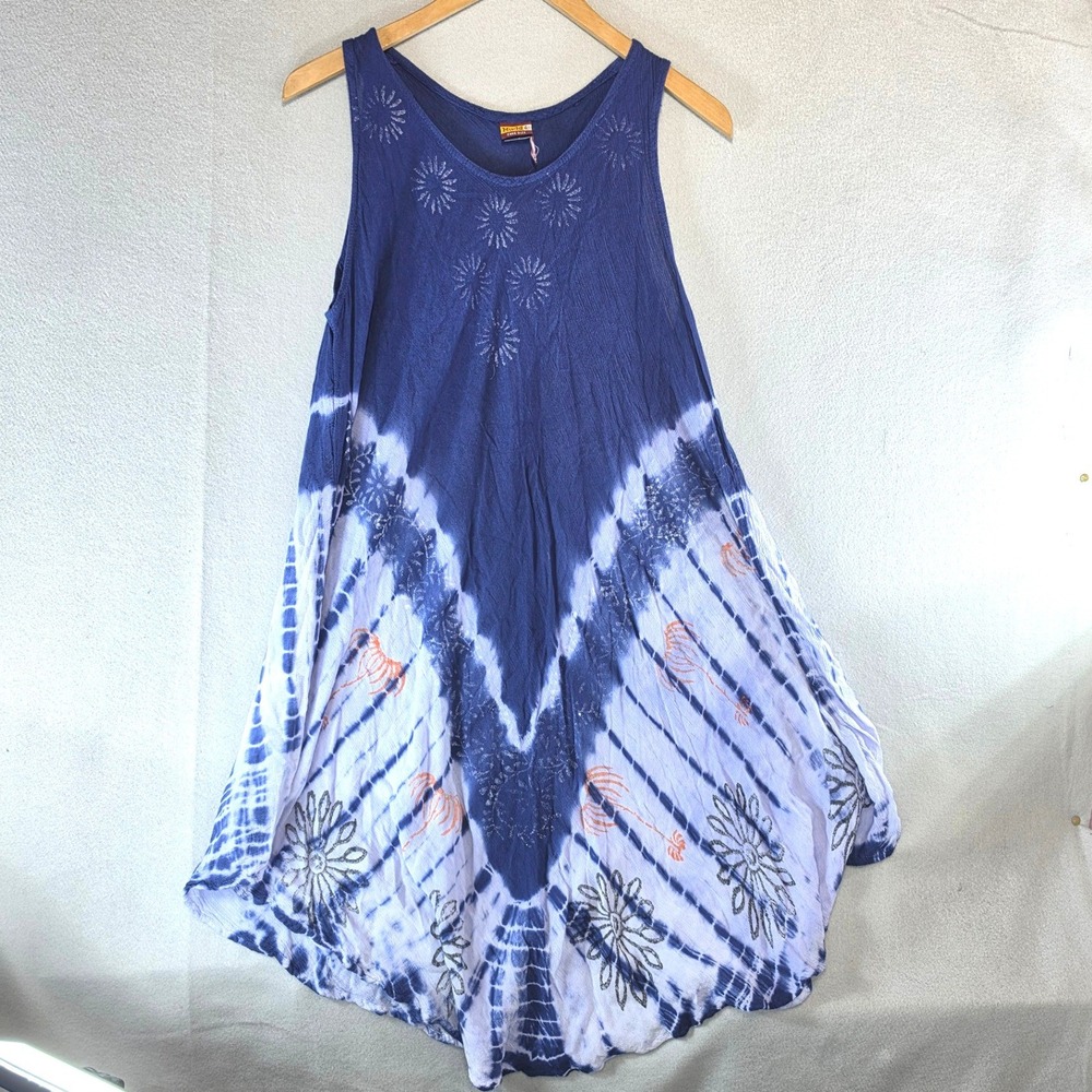 Vintage Mudd Boho Hippie Tie Dye Sleeveless Midi Dress Free Size Blue Rayon